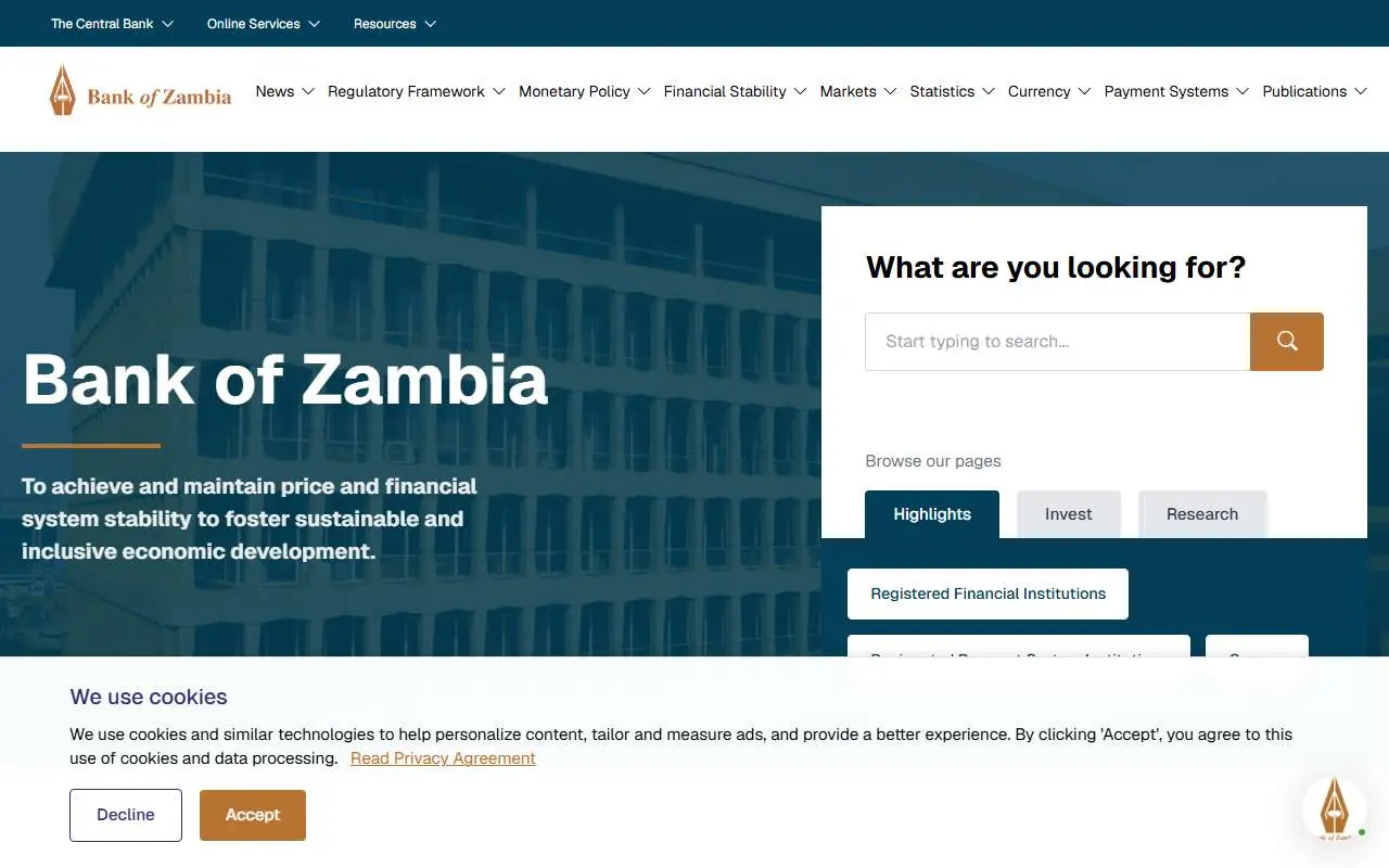 Tampilan website resmi Bank of Zambia (boz.zm)