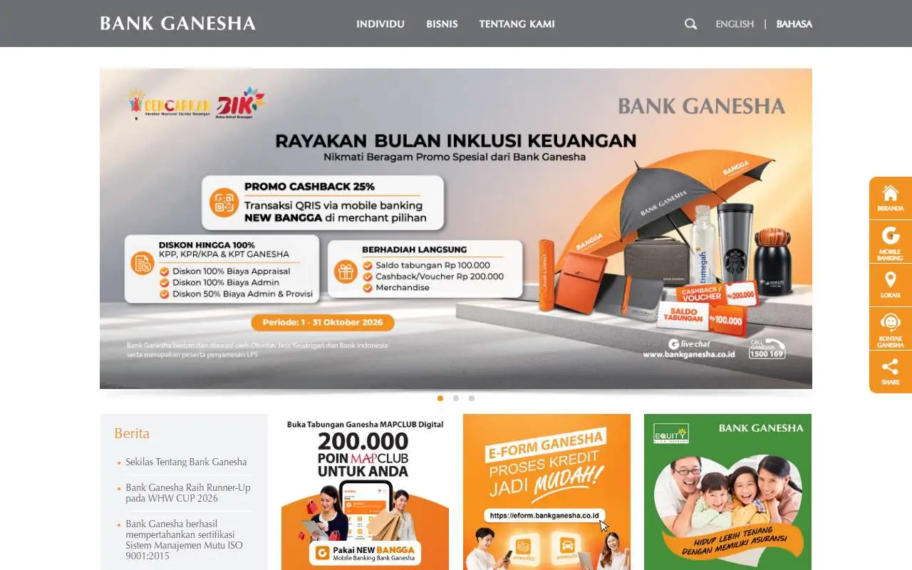 Tampilan website resmi Bank Ganesha (bankganesha.co.id)