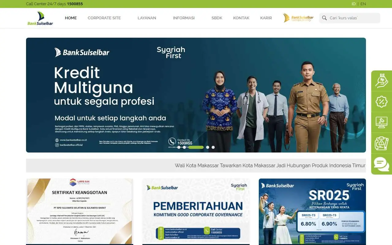 Tampilan website resmi Bank Sulselbar (banksulselbar.co.id)