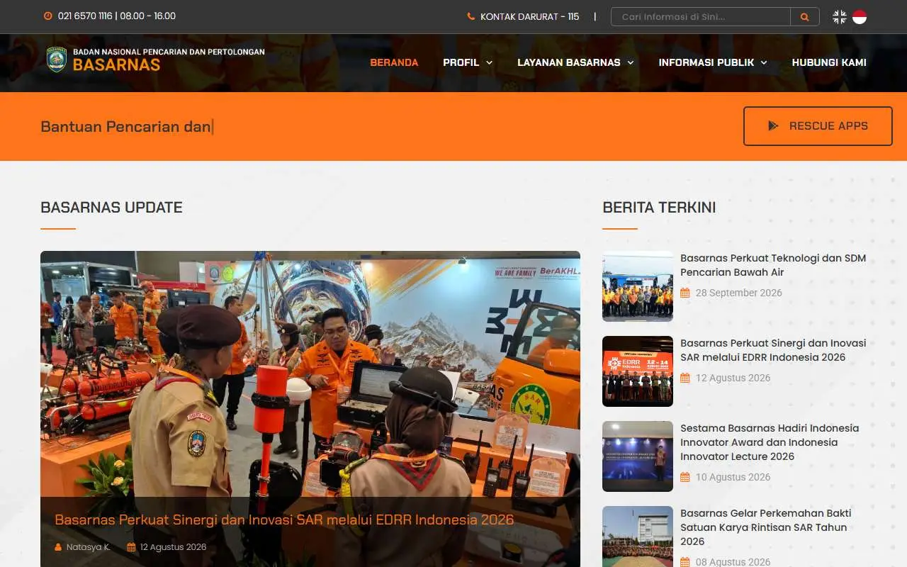 Tampilan website resmi Basarnas (basarnas.go.id)
