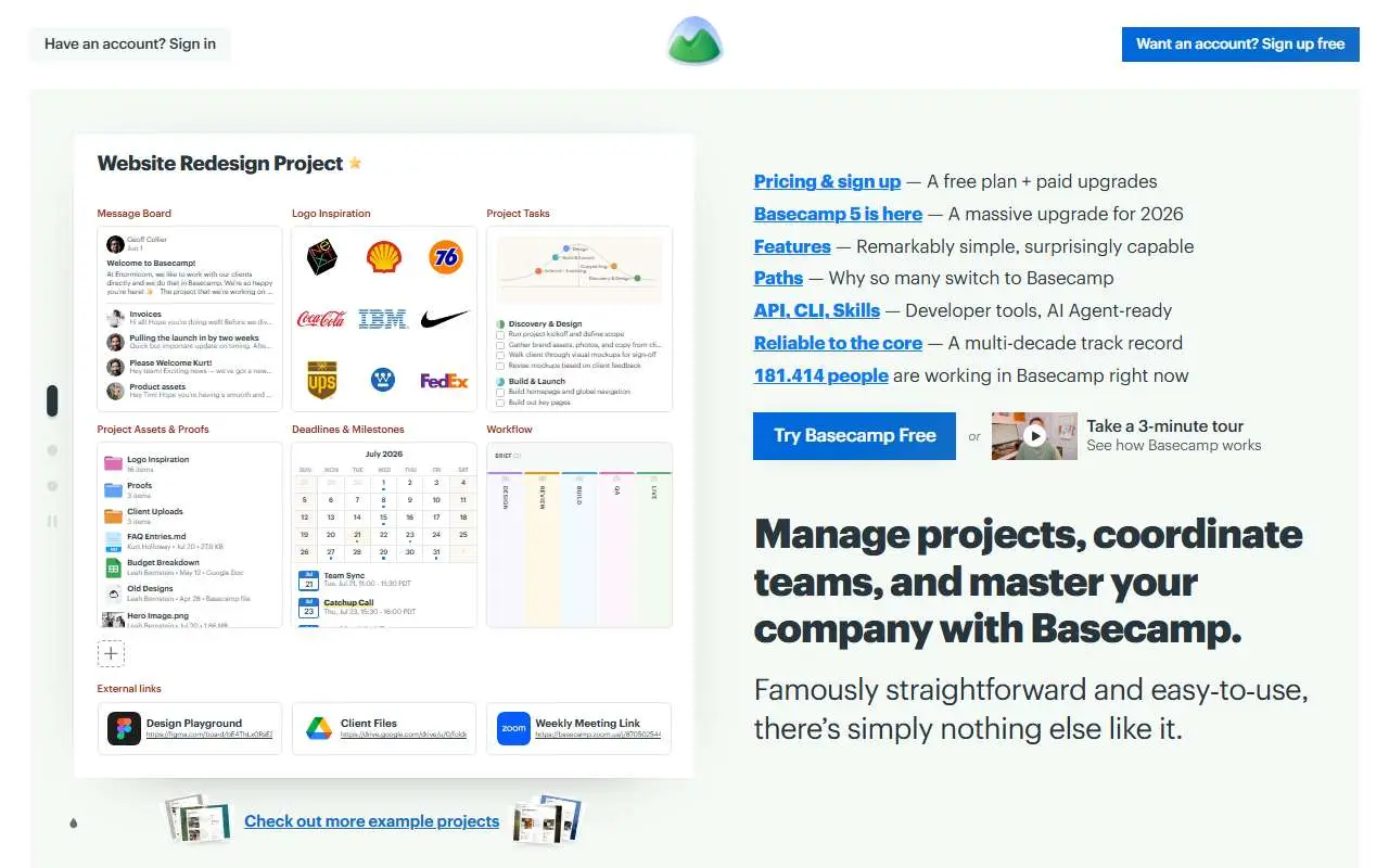Tampilan website resmi Basecamp (basecamp.com)