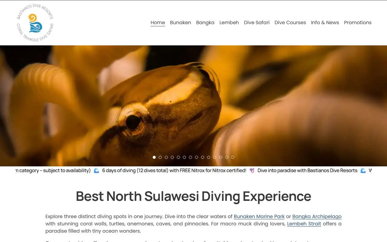Tampilan website resmi Bastianos Bunaken Dive Resort (bastianos.com)