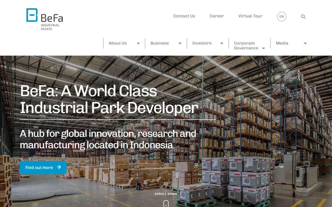 Tampilan website resmi Bekasi Fajar Industrial Estate (befa.id)