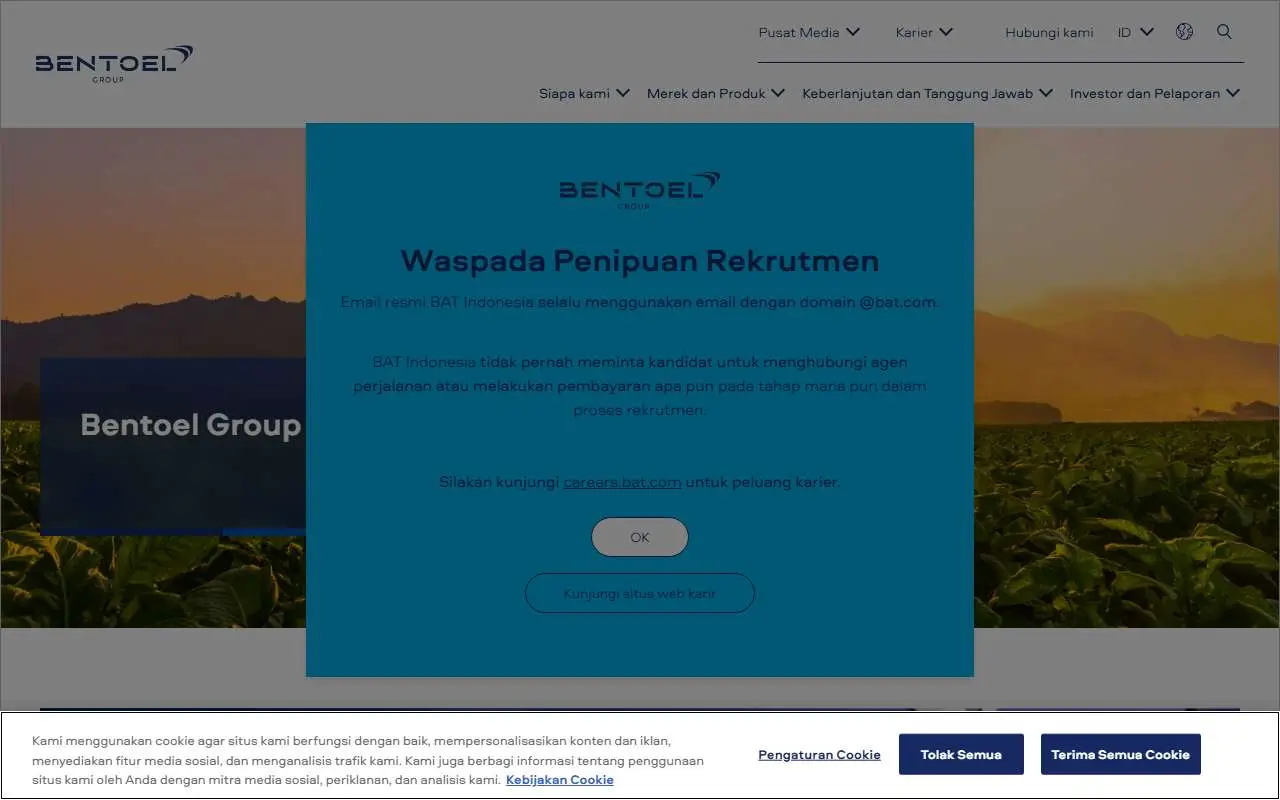 Tampilan website resmi Bentoel International Investama (bentoelgroup.com)