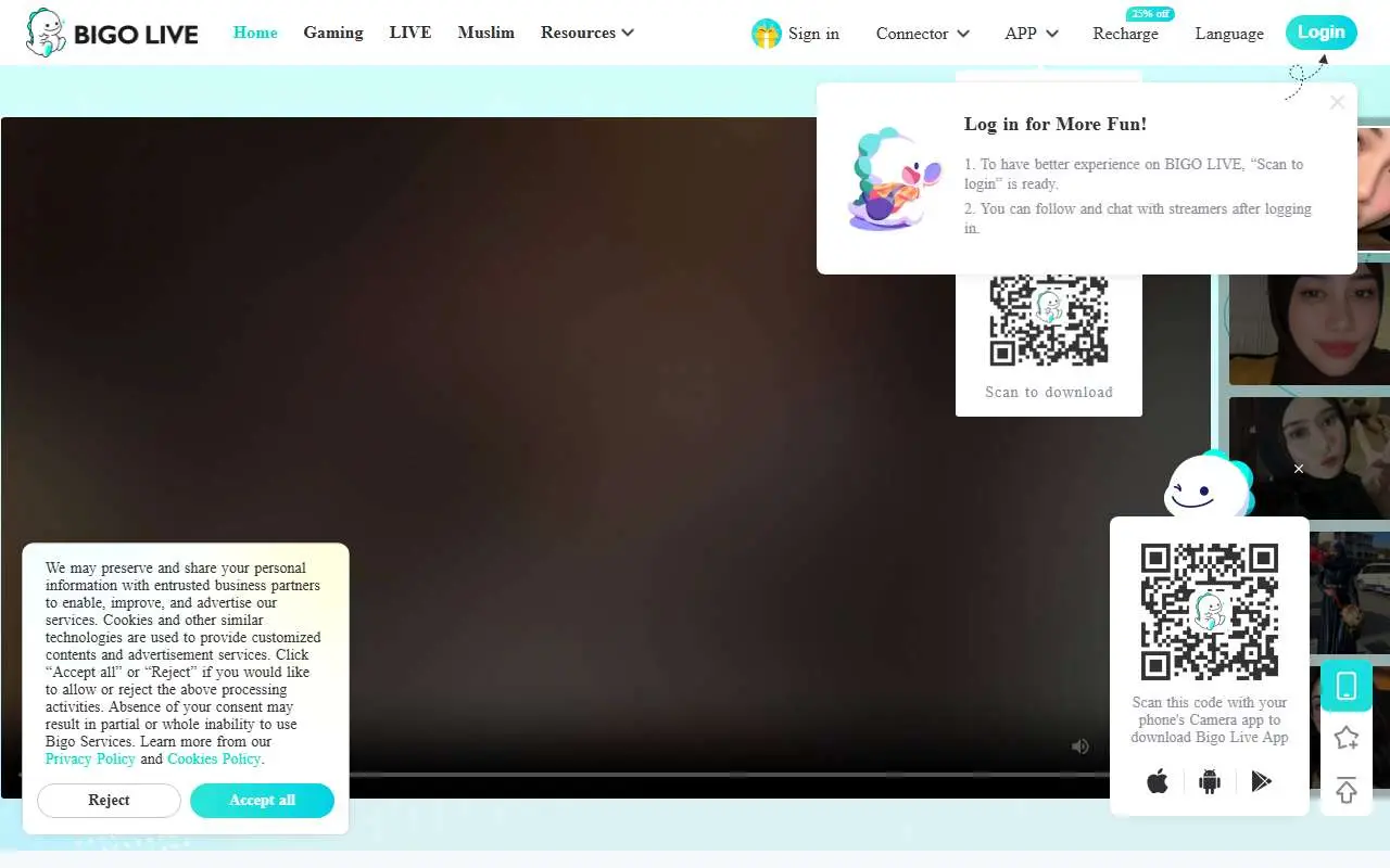 Tampilan website resmi Bigo Live (bigo.tv)