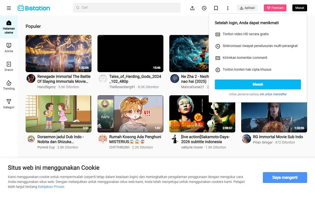 Tampilan website resmi Bilibili (bilibili.tv)