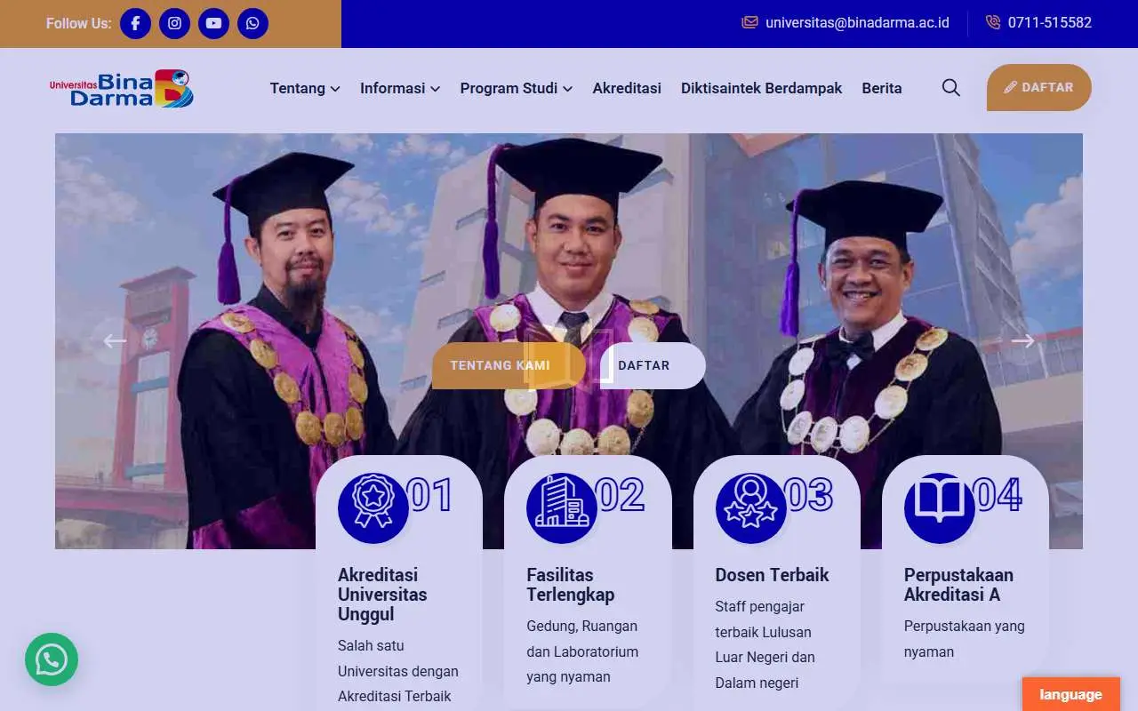 Tampilan website resmi Universitas Bina Darma (binadarma.ac.id)