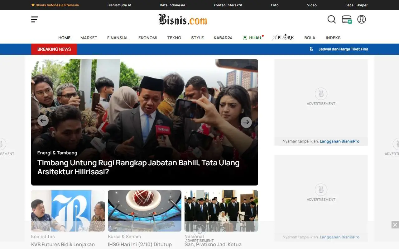 Tampilan website resmi Bisnis.com (bisnis.com)