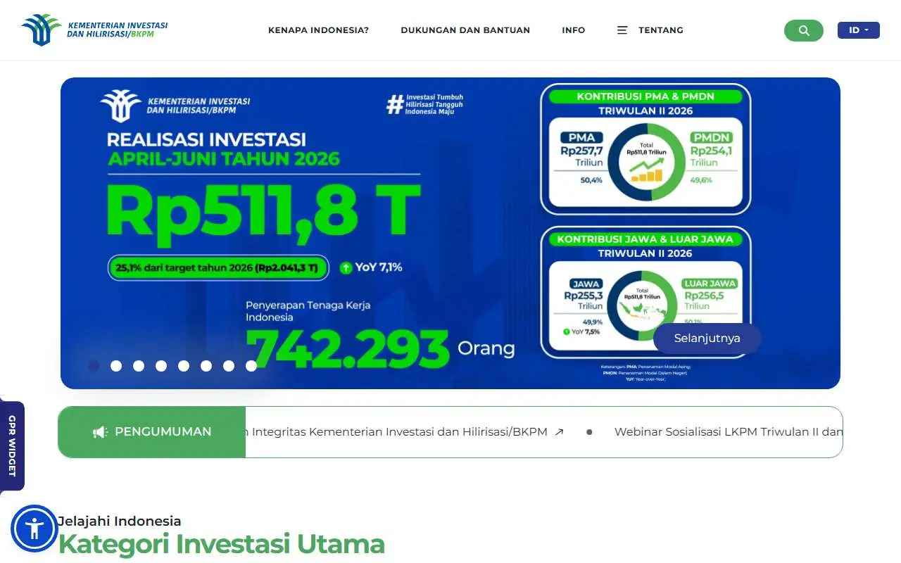 Tampilan website resmi Kementerian Investasi dan Hilirisasi (bkpm.go.id)