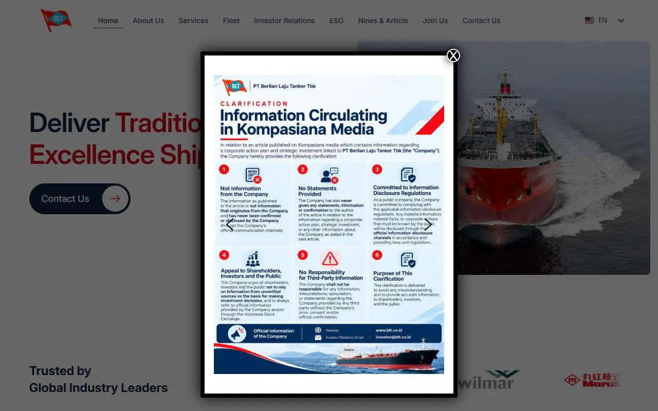 Tampilan website resmi Berlian Laju Tanker (blt.co.id)