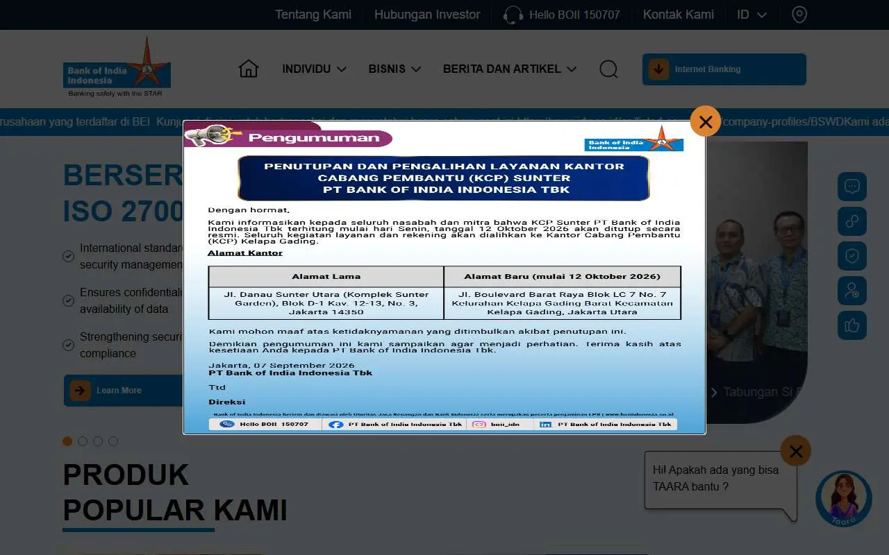 Tampilan website resmi Indian Bank of Indonesia (boiindonesia.co.id)