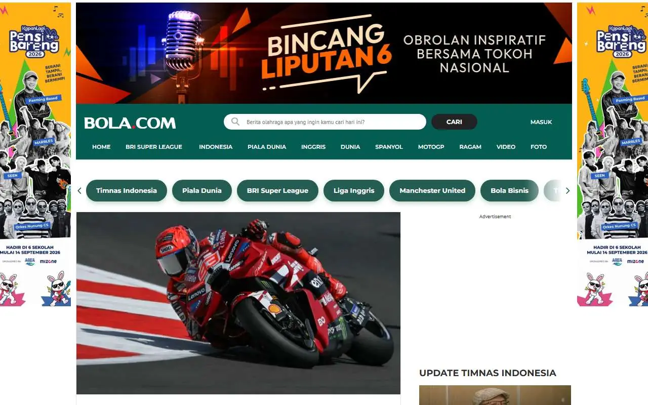 Tampilan website resmi Bola.com (bola.com)