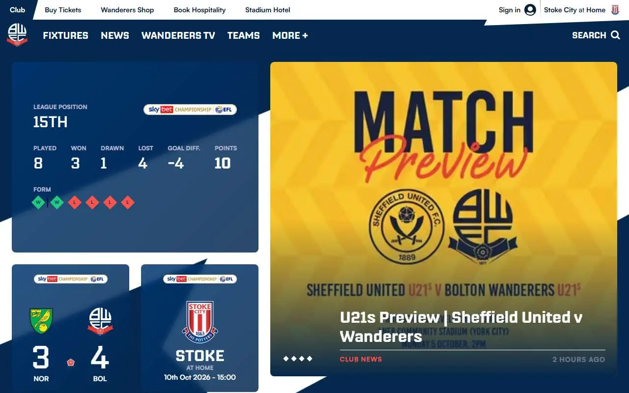 Tampilan website resmi Bolton Wanderers F.C. (bwfc.co.uk)
