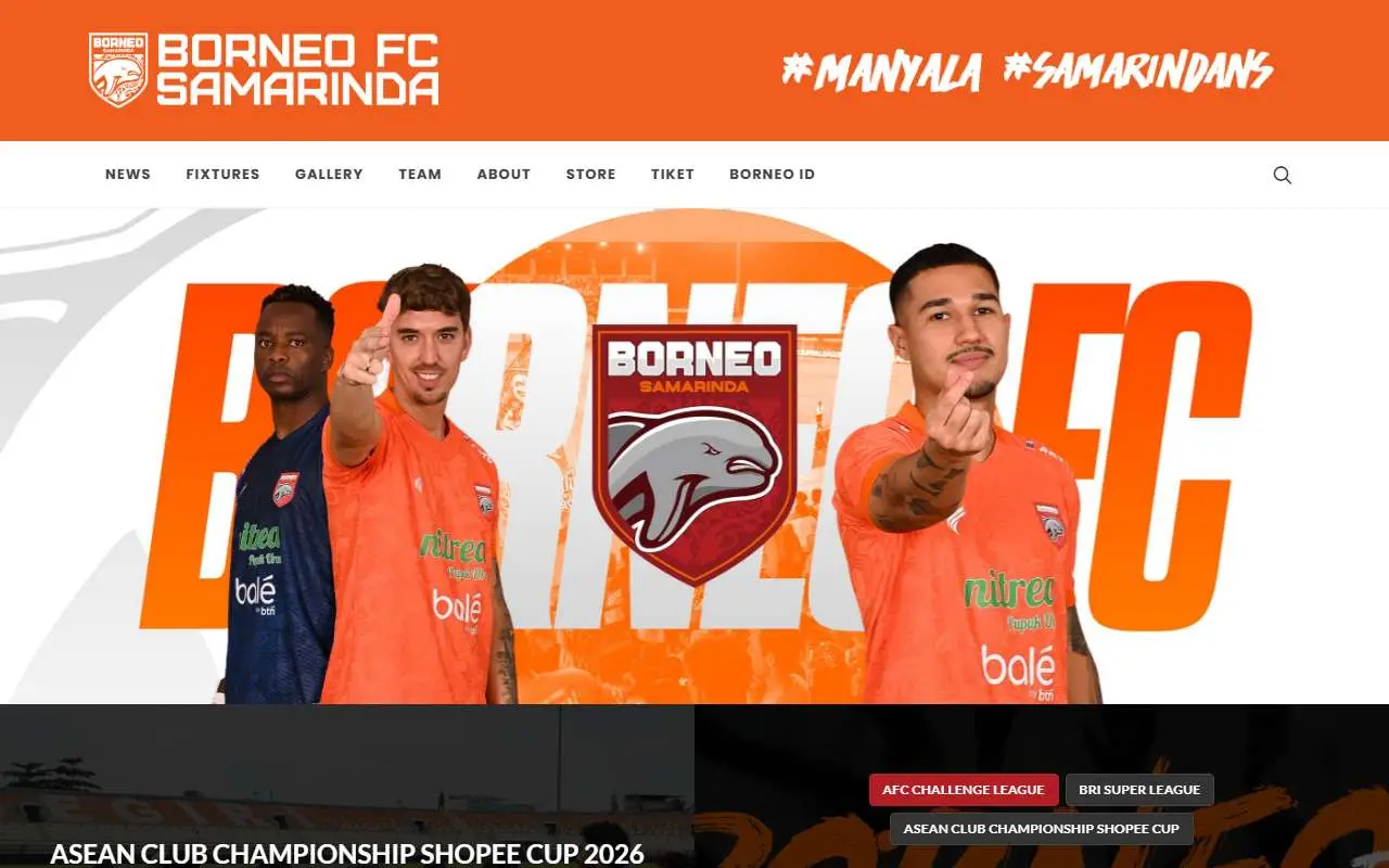 Tampilan website resmi Borneo FC (borneofc.id)