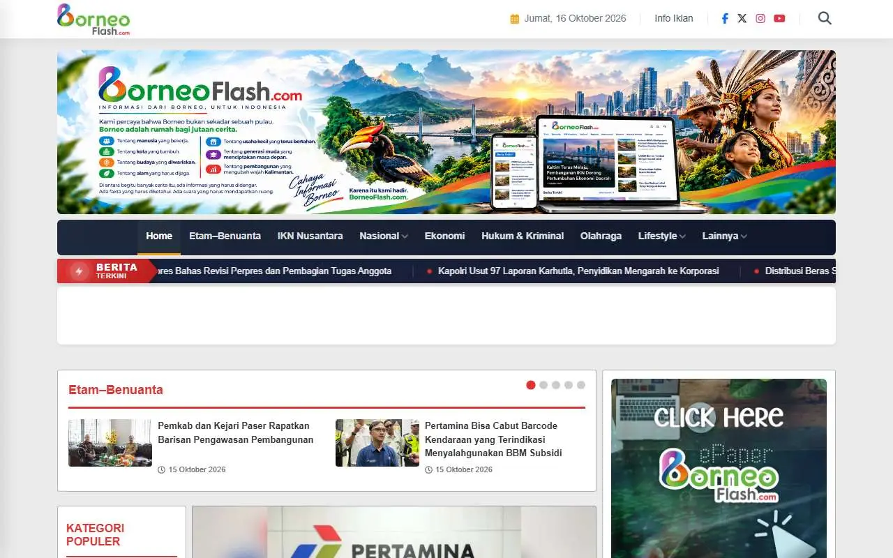 Tampilan website resmi Borneo Flash (borneoflash.com)