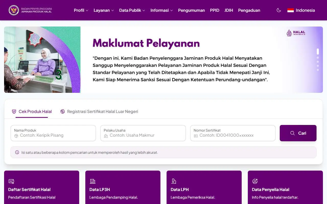 Tampilan website resmi Badan Penyelenggara Jaminan Produk Halal (bpjph.halal.go.id)