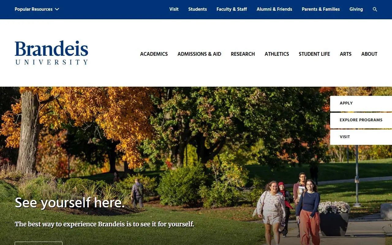 Tampilan website resmi Brandeis University (brandeis.edu)
