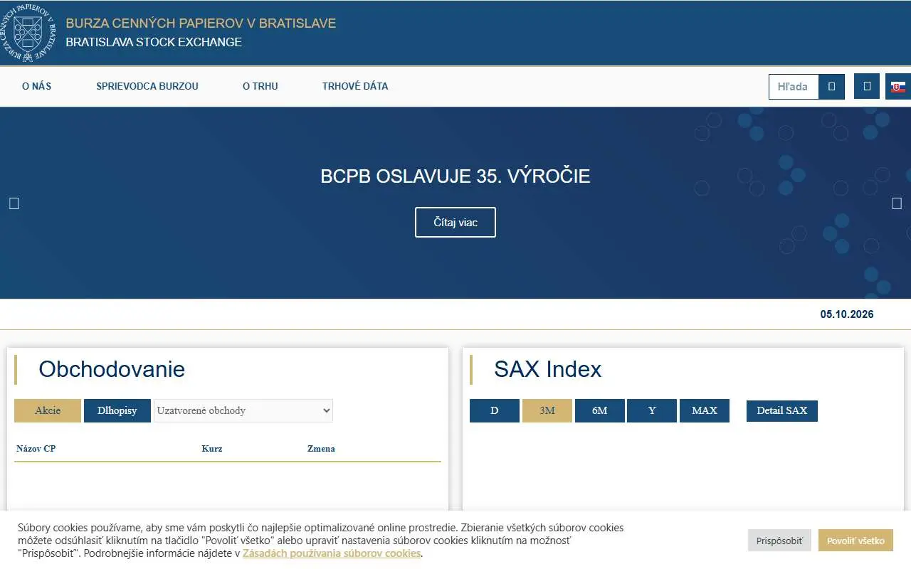 Tampilan website resmi Bursa Efek Bratislava (bsse.sk)