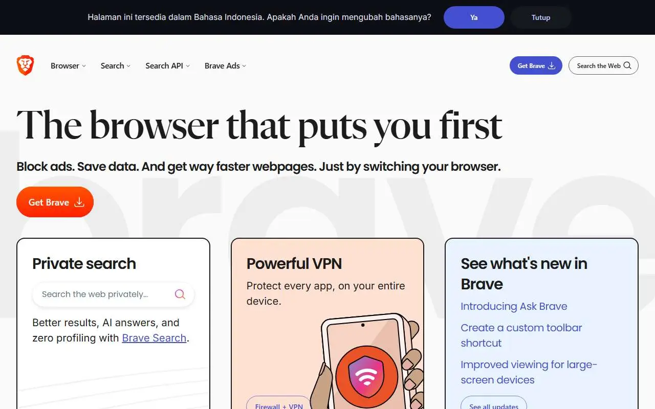 Tampilan website resmi Brave (brave.com)