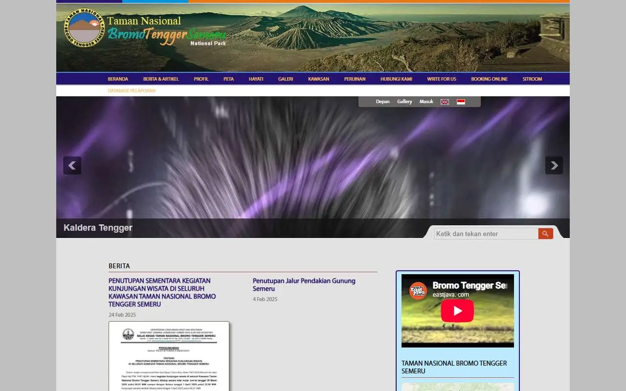 Tampilan website resmi Bromo Tengger Semeru (bromotenggersemeru.org)
