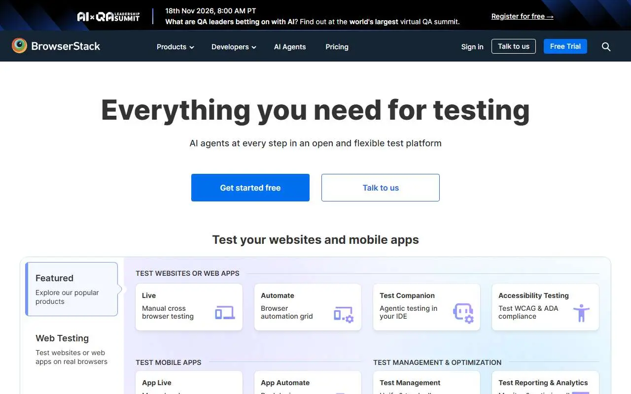 Tampilan website resmi BrowserStack (browserstack.com)