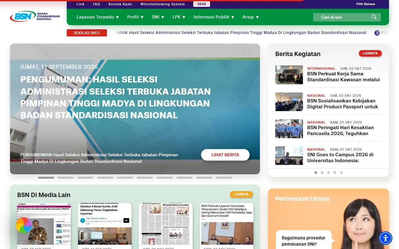 Tampilan website resmi Badan Standardisasi Nasional (bsn.go.id)