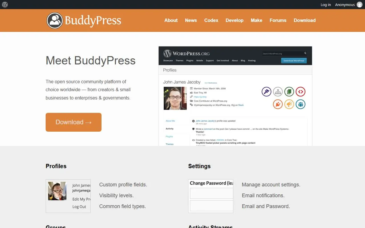 Tampilan website resmi BuddyPress (buddypress.org)