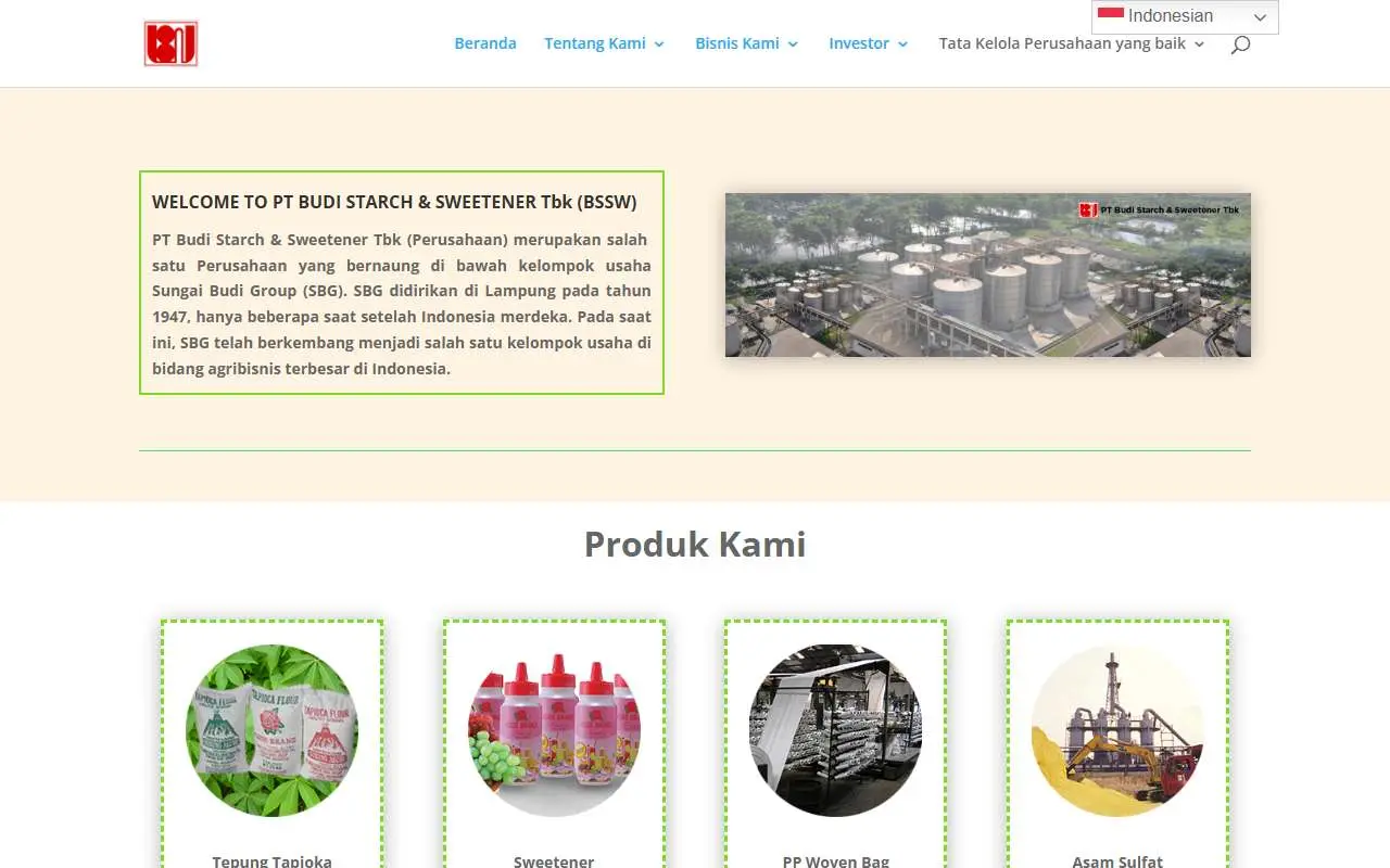 Tampilan website resmi Budi Starch & Sweetener (budistarchsweetener.com)