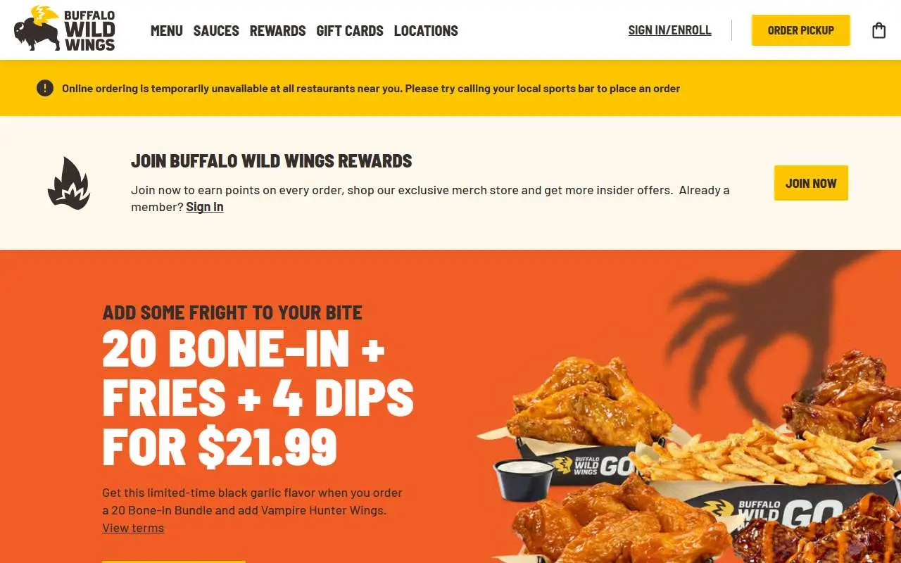Tampilan website resmi Buffalo Wild Wings (buffalowildwings.com)