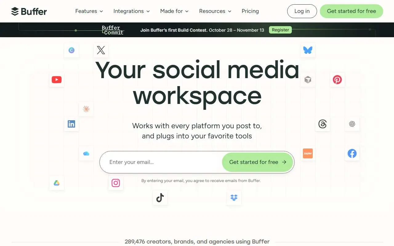 Tampilan website resmi Buffer (buffer.com)