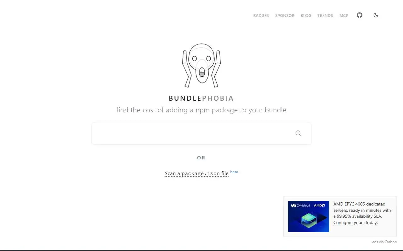 Tampilan website resmi Bundlephobia (bundlephobia.com)