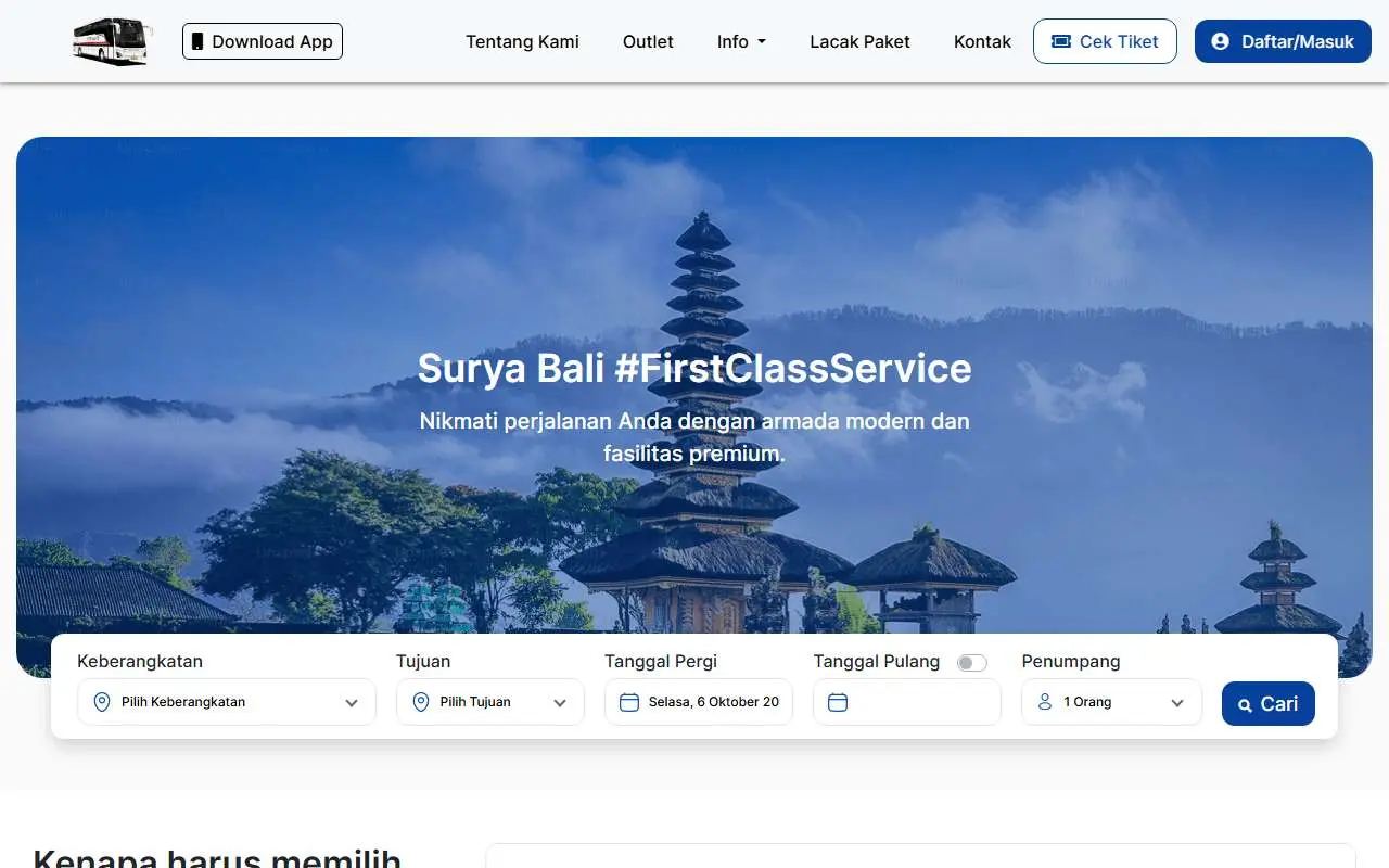 Tampilan website resmi Surya Bali (bussuryabali.com)