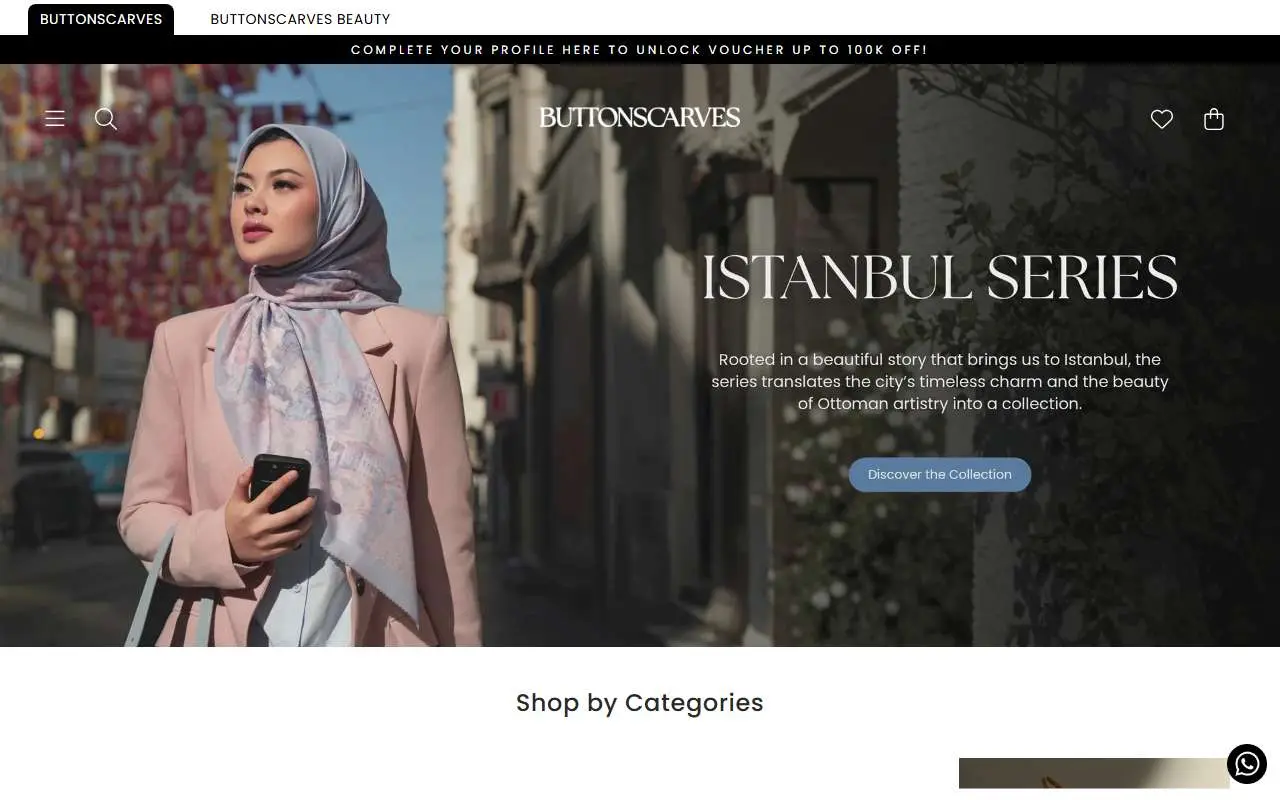 Tampilan website resmi Buttonscarves (buttonscarves.com)
