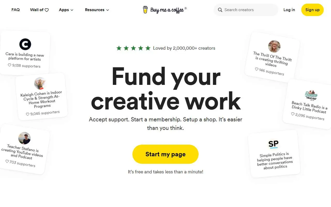 Tampilan website resmi Buy Me a Coffee (buymeacoffee.com)