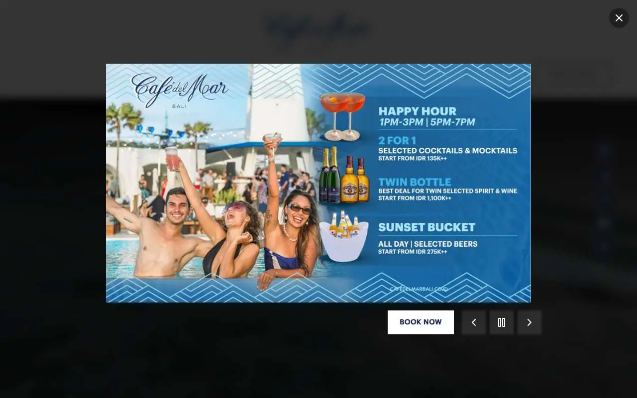 Tampilan website resmi Café del Mar Bali (cafedelmarbali.co.id)