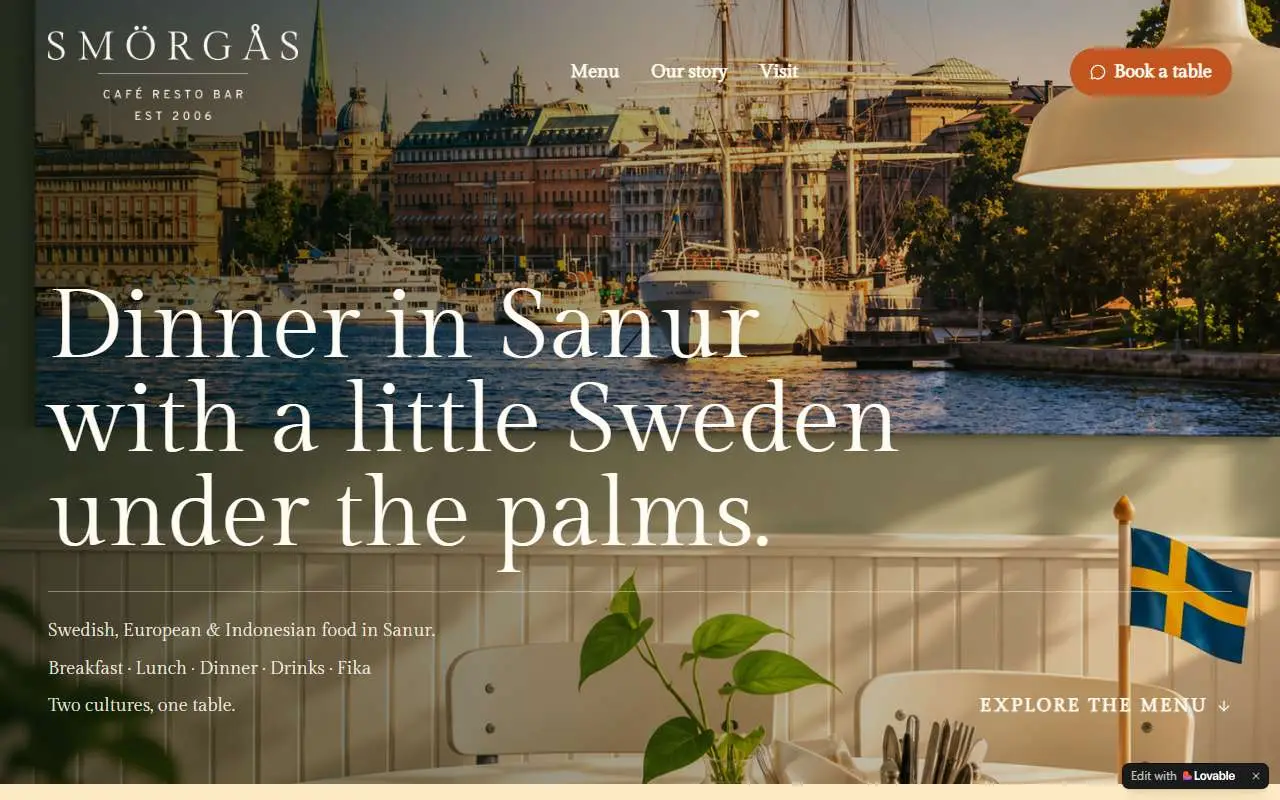 Tampilan website resmi Café Smörgås (cafesmorgas.com)