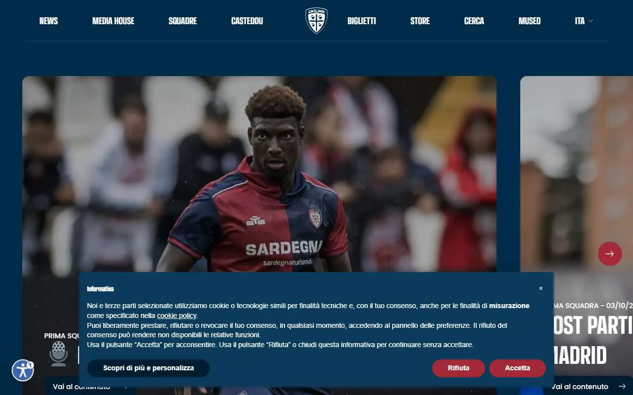 Tampilan website resmi Cagliari Calcio (cagliaricalcio.com)