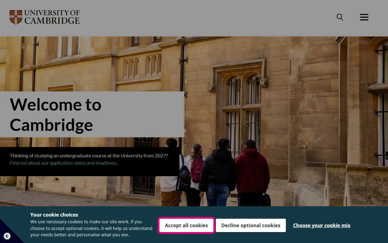 Tampilan website resmi University of Cambridge (cam.ac.uk)
