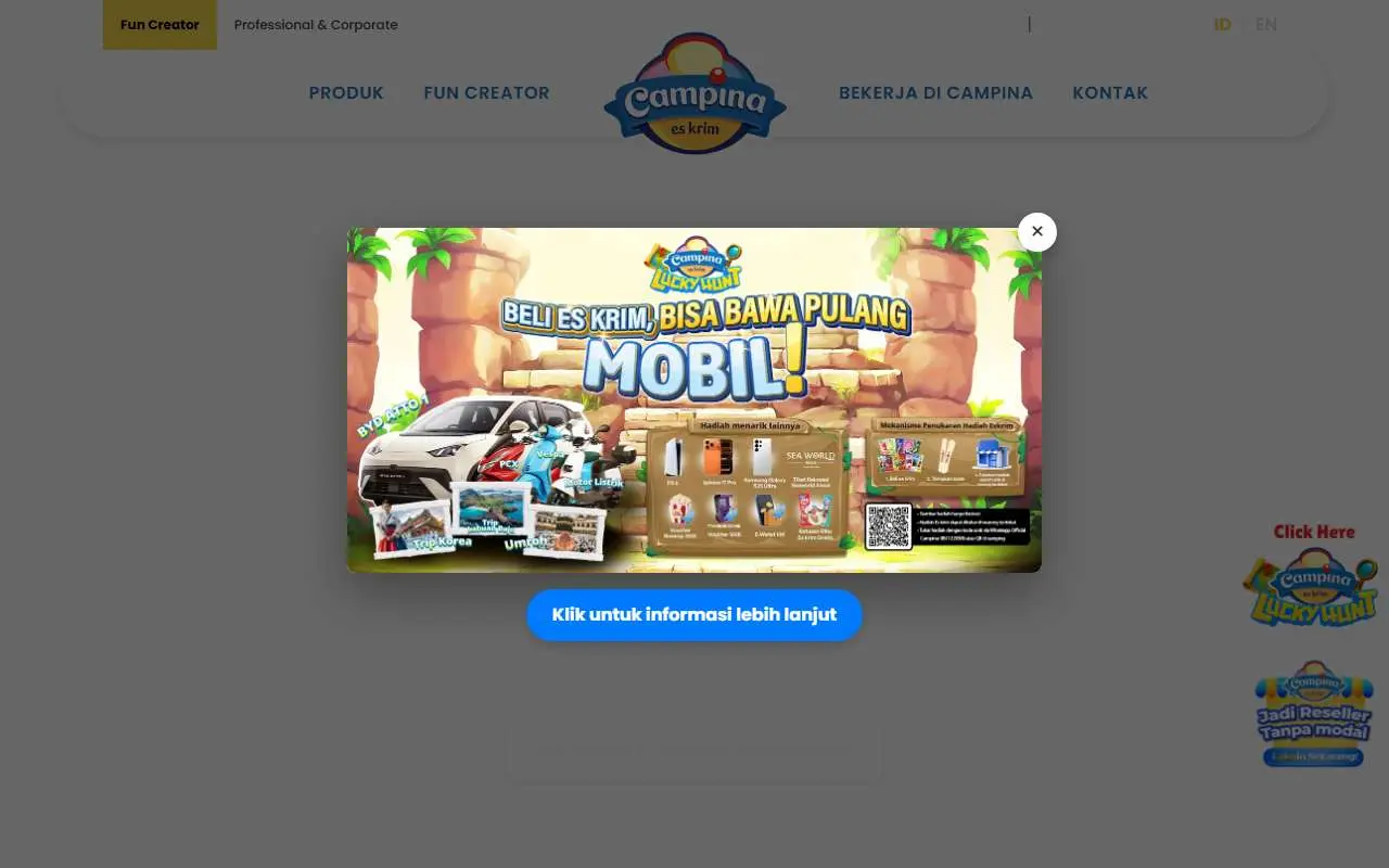 Tampilan website resmi Campina Ice Cream (campina.co.id)