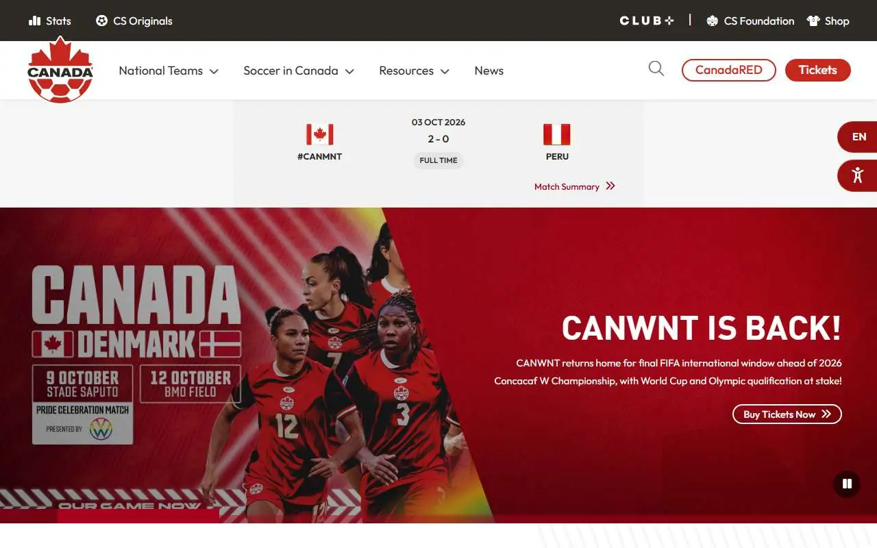 Tampilan website resmi Tim nasional sepak bola Kanada (canadasoccer.com)