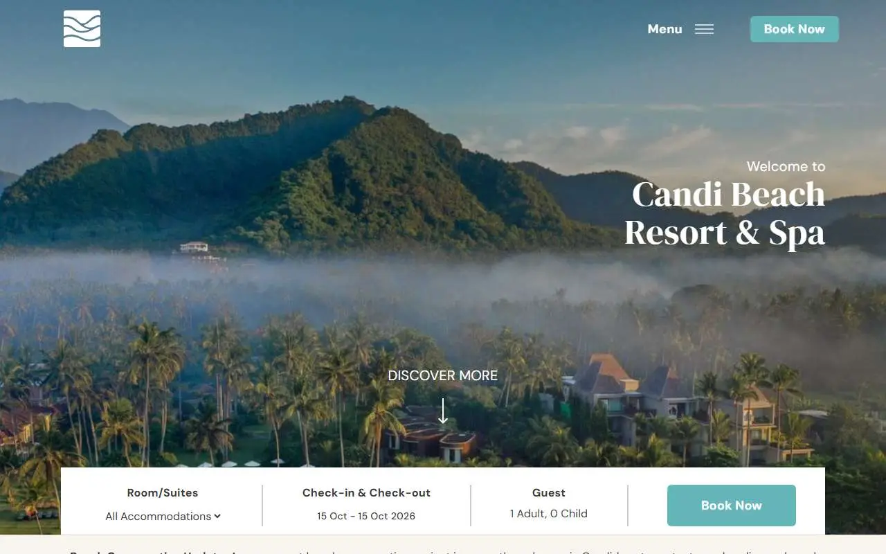 Tampilan website resmi Candi Beach Resort (candibeachbali.com)