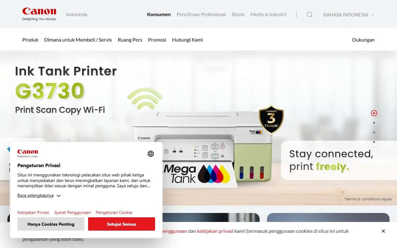 Tampilan website resmi Canon Indonesia (id.canon)