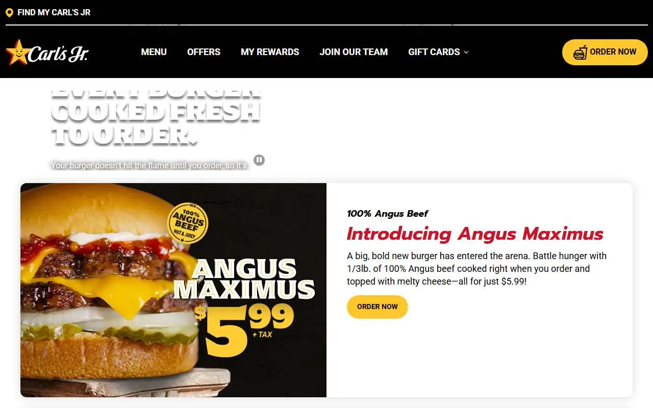 Tampilan website resmi Carl's Jr. (carlsjr.com)