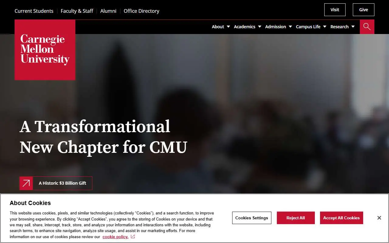 Tampilan website resmi Universitas Carnegie Mellon (cmu.edu)
