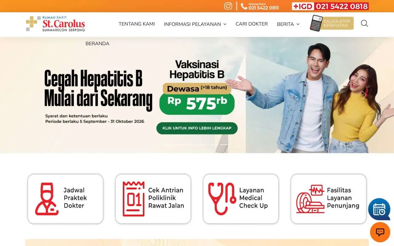 Tampilan website resmi RS Sint Carolus Summarecon Serpong (carolussummarecon.com)