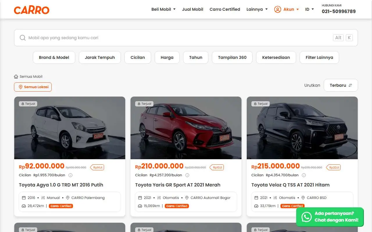 Tampilan website resmi Carro Indonesia (carro.co)