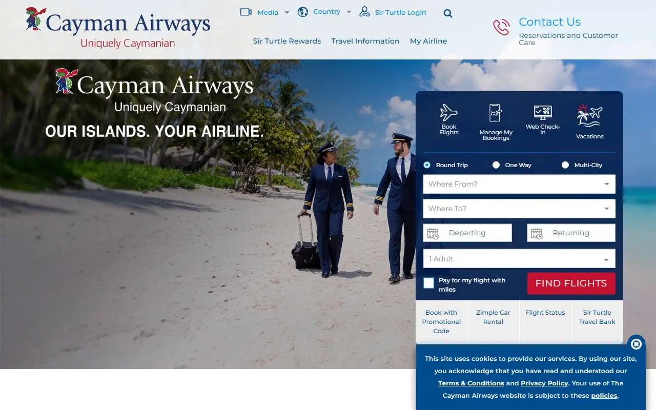 Tampilan website resmi Cayman Airways (caymanairways.com)