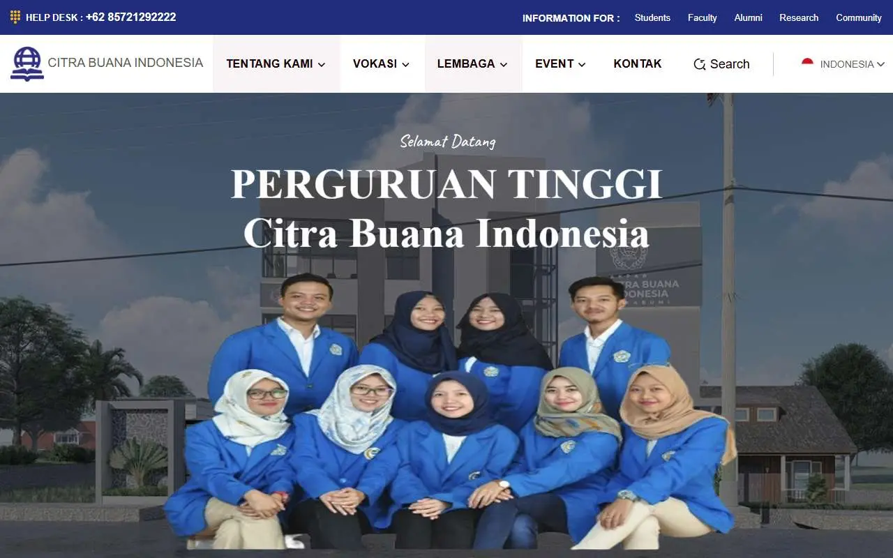 Tampilan website resmi Perguruan Tinggi Citra Buana Indonesia (cbi.ac.id)