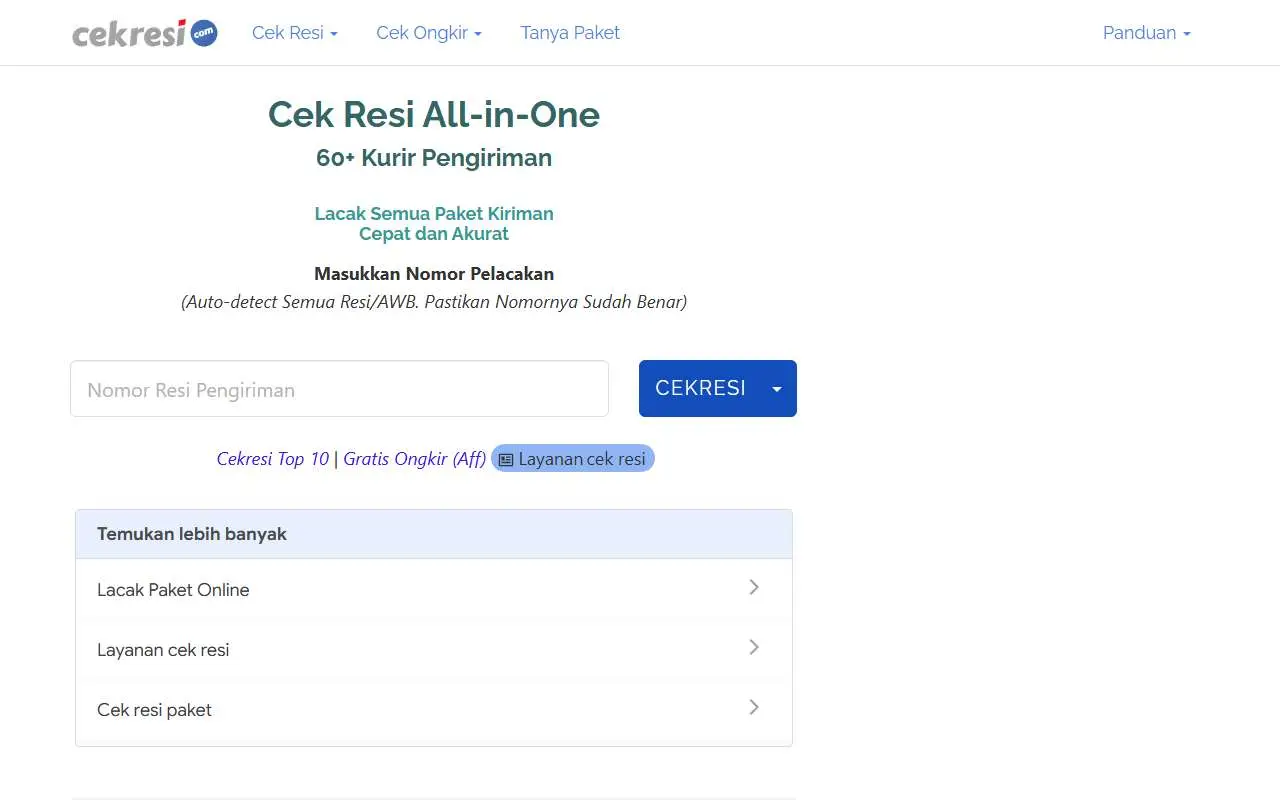 Tampilan website resmi Cek Resi (cekresi.com)