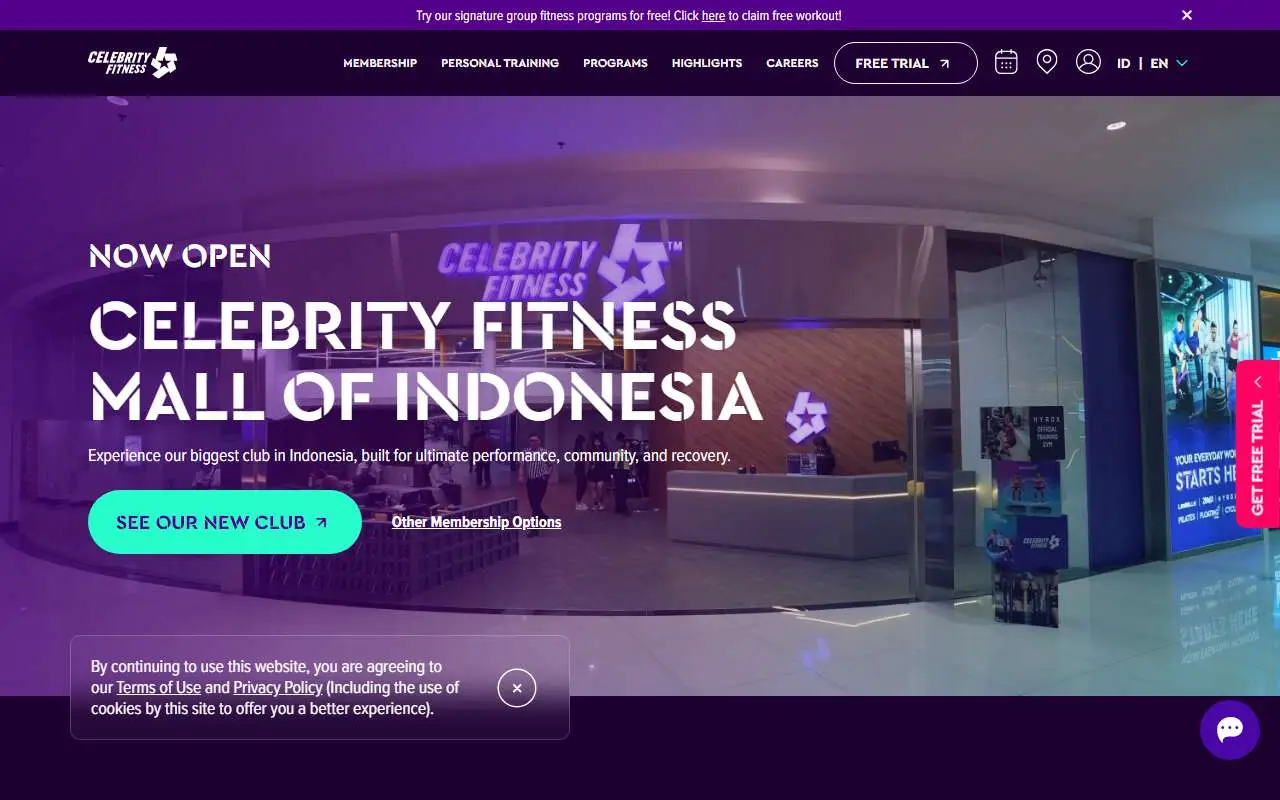Tampilan website resmi Celebrity Fitness Indonesia (celebrityfitness.com)